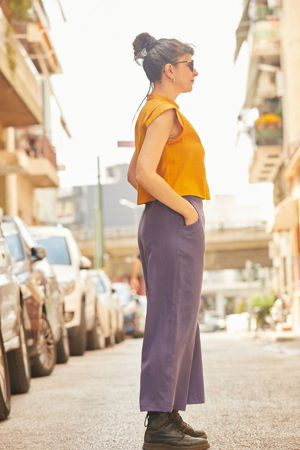 Picture of pleated pocket pants in purple