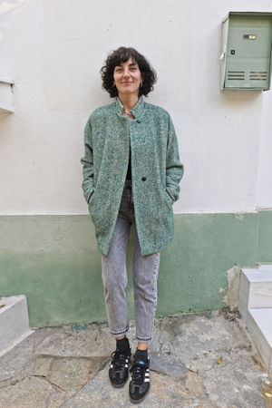 Picture of the "cocoon" coat in green herringbone