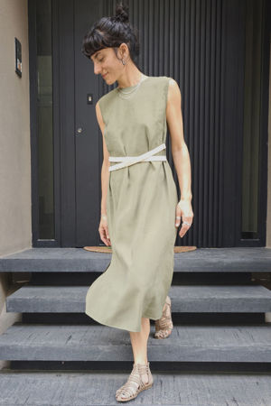 Picture of "scrunchie" midi dress in olive-cream