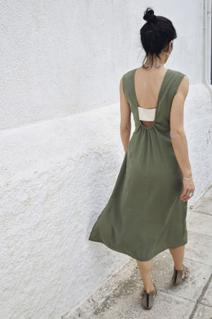 Picture of "scrunchie" midi dress in olive-cream